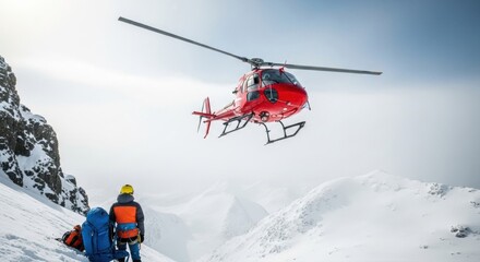 Stunning red helicopter landing near brave mountaineer in snowy alpine landscape for search and rescue mission or extreme winter sports adventure