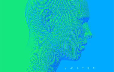 Abstract digital human head constructing from cubes. Minimalistic design for business presentations, flyers or posters. Technology and robotics concept. Voxel art. 3D vector illustration.