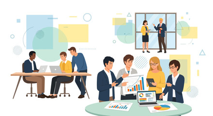 Team of professionals collaborating in a modern office setting, discussing reports and data on laptops and tablets