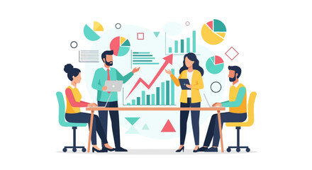 Business team meeting to discuss a project, with colleagues analyzing data charts and financial statistics on a dashboard for strategic planning