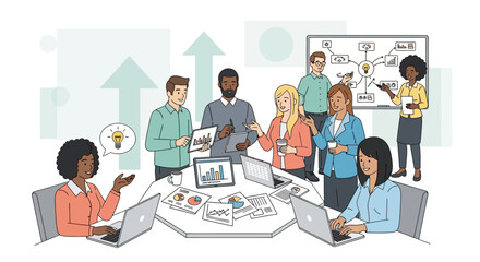 Vector illustration of a diverse business team collaborating in a modern office, brainstorming ideas and strategies for corporate growth