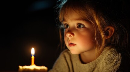 Close-up portrait of a young girl, probably around 2-3 years old, looking up at a lit candle. the girl has blonde hair and is wearing a gray sweater.