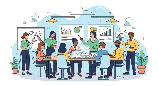 Business Meeting Illustration Diverse Team Collaboration & Data Analysis