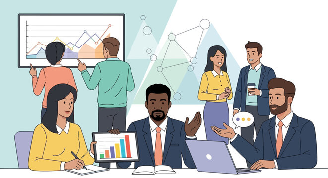 Vector illustration of a diverse corporate team in a business meeting analyzing data charts and strategizing for growth