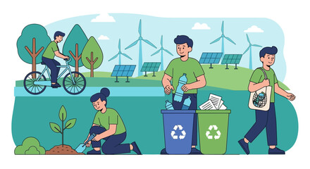 Green living and sustainability concept with people engaging in eco-friendly activities like cycling, planting, and recycling, alongside renewable energy sources
