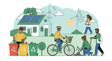 Sustainable living and eco-friendly practices illustrated with renewable energy and community engagement