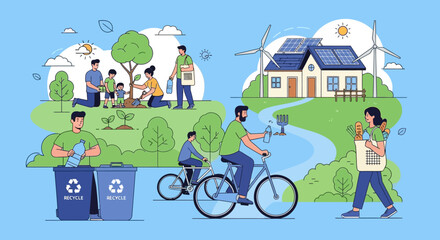 Vector illustration depicting a community practicing sustainable habits, including tree planting, recycling, and utilizing renewable energy for a green lifestyle