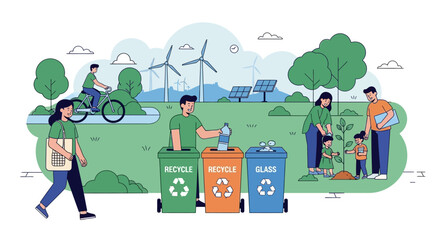 Environmental Awareness and Sustainable Living People Engaging in Recycling and Planting Trees for a Greener Future