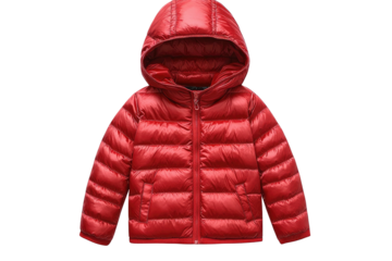 Red shiny puffy hooded jacket isolated on white