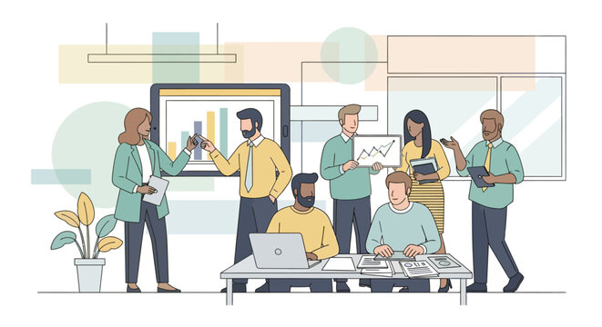 Business Meeting and Presentation with Diverse Team Collaborating and Discussing Strategy