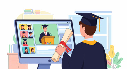Virtual Graduation Ceremony - Student Receiving Diploma Online.