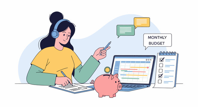 Woman budgeting finances and managing money for monthly expenses.