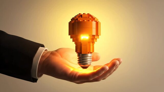 A hand in a suit holding a glowing orange lightbulb made of building blocks, symbolizing a new idea or innovation vector illustration