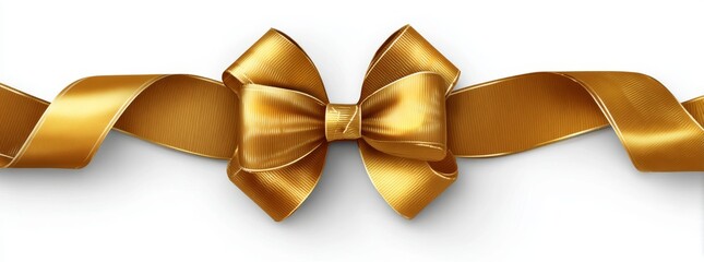 A modern illustration features a decorative golden bow accompanied by a long ribbon set against a white background, symbolizing a holiday decoration