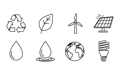 Eco-friendly icons set in outline style recycling leaf wind turbine solar panel water drop earth energy-saving light bulb ecology