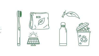 Eco-Friendly Lifestyle Line Art sustainable toothbrush reusable bag solar panel water bottle compost bin zero waste recycling