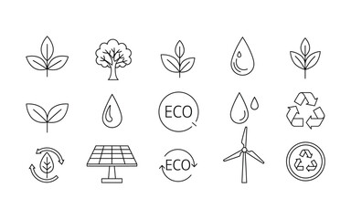 Eco-friendly line icons set ecology environment renewable energy solar panel wind turbine water drop leaf tree recycle recycling arrow