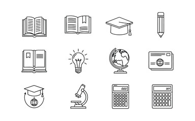 Education and Science Line Icons Set book graduation cap pencil light bulb globe microscope calculator learning knowledge study
