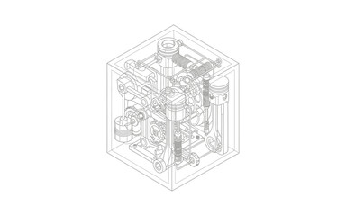 Engine Block Isometric Line Art illustration mechanical engineering design cube internal components piston cylinder gear machine