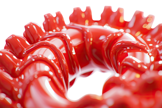 Glossy, red, ruffled, circular structure close-up against black background
