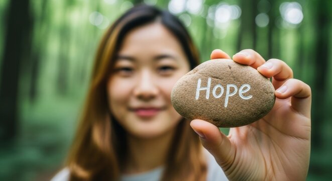Optimistic young woman holding hope stone in lush green forest, radiating positivity and faith, perfect for wellness blogs or inspirational campaigns - Powered by Adobe