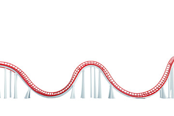 Obraz premium Winding red roller coaster track, white supports, against a black backdrop