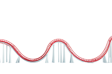 Winding red roller coaster track, white supports, against a black backdrop