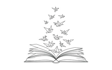 Origami Birds Flying from Open Book paper art line minimalist illustration reading education knowledge imagination freedom flight