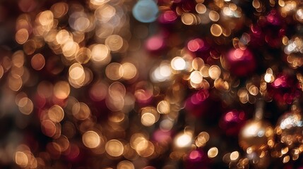 Luxury Christmas celebration in rich burgundy and gold tones. Blurred holiday background