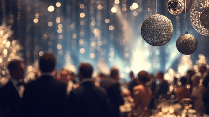 Exclusive Christmas gala. Guests in formal attire. Sparkling ornaments backdrop