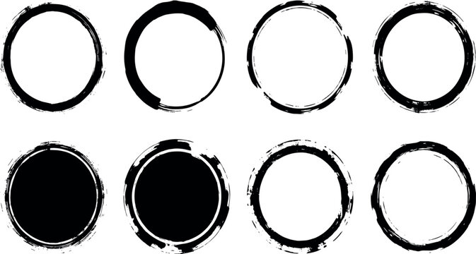 A versatile set of black ink brush stroke circles and round grunge frames. Collection of isolated vector stamp textures and design elements