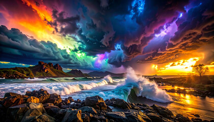 Dramatic seascape with rainbow clouds crashing waves on rocky shore at sunset