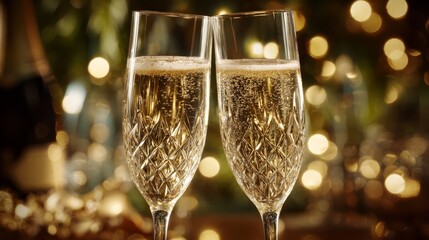 Crystal champagne flutes toasting. 2026 reflection in glass. Bokeh lights. Luxury New Year holiday