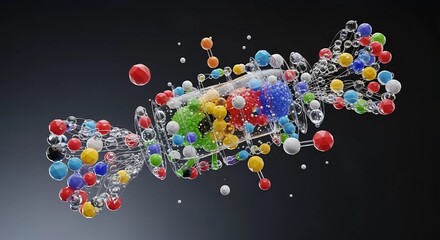 Candy exploding into colorful molecular structures. Abstract illustration of sweet treat decomposition for science and chemical education concept.