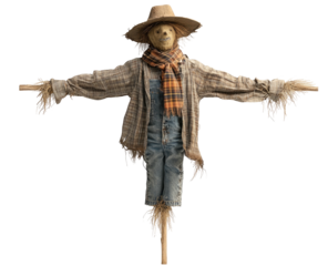 Scarecrow figure in overalls, straw hat, arms outstretched against dark background