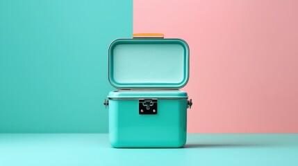 Small, square-shaped suitcase with a lid on top. the suitcase is painted in a light blue color and has a black lock on the front. the lid is open, revealing the interior of the suitcase.
