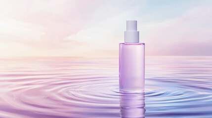 A serene image of a purple cosmetic bottle floating on water, surrounded by soft pastel hues, evoking tranquility and beauty.