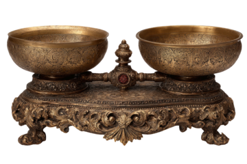 Ornate bowls, etched bronze, platform base, connected by ornate support