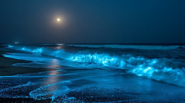Magical glowing ocean waves illuminate beach at night under a full moon.