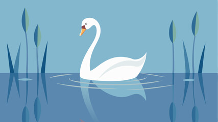 Fototapeta premium A lone swan gliding on a still lake surrounded by simplified reeds and soft reflections in the water.