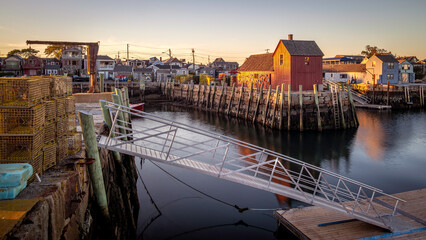 The historic architecture of the famous Rockport city in Massachusetts, USA showcasing its fishing...