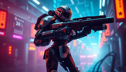 Advanced combat exoskeleton, futuristic weaponry, drone, warfare