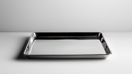 Black rectangular tray with a smooth surface. it appears to be made of stainless steel and has a shiny finish. the tray is placed on a white surface with a plain white background.