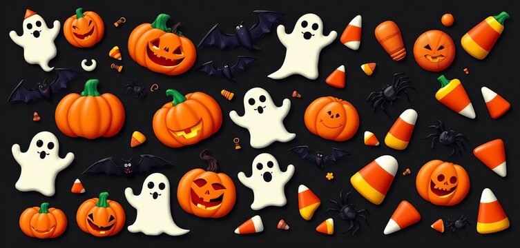 A spooky collection of Halloween icons, including pumpkins, ghosts, bats, spiders, and candy corn,  dark,  cute