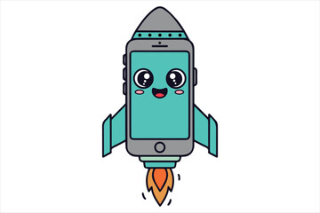 Fototapeta premium Cute smartphone rocket launching into space silhouette a white background