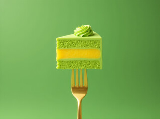 Minimalist Matcha Cake Slice on Golden Fork