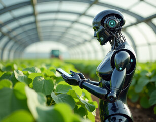A black cyborg is looking at a smartphone and checking data. It is in a greenhouse where plants are growing