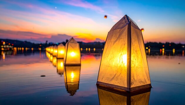 Floating lanterns at sunset
