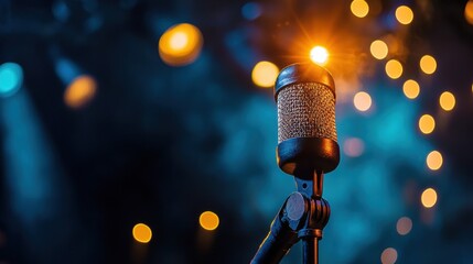 Close-up of a microphone on a stand. the microphone is in focus, while the background is blurred, but it appears to be a stage with bright lights shining down on it.