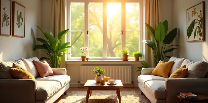 Sunlit Living Room Cheerful Monday Morning Scene, Cozy Interior with Plants and Coffee